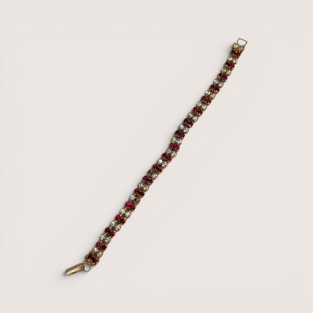 Vintage Gold Tone Red and Clear Rhinestone Bracelet
